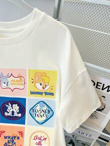 Resyla LOONEY TUNES X SHEIN Women's New Summer Short Sleeve Retro Grid Print T-Shirt - White - View 4