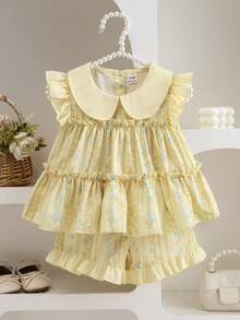 SHEIN Glamorique Kids 女婴优雅可爱刺绣荷叶边领背心短裤套装，适合夏季日常外出、度假、公园活动。 - 黃色 - 查看 8