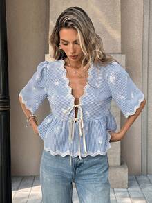 Jade & Ember Plus Size Women Striped V-Neck Tie-Waist Lace Trim Short Sleeve Blouse - Blue - View 4
