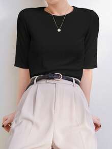 Dazy-Less Dam Sommar Enfärgad Normala Axlar Kortärmad T-shirt Old Money Style Business Casual Dam - Svart - Visa 3