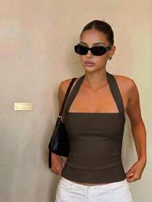 Aloruh Women's Casual Solid Color Backless Halter Top, Summer - Coffee Brown - View 4