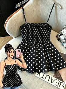 SHEIN Elenzya 大码梭织面料 - 休闲度假波点夏季吊带背心 - 黑色 - 查看 2