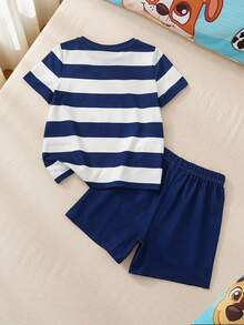 SHEIN | PAW Patrol 2pcs/Set Young Boys Striped Contrast Color Round Neck Short Sleeve Top And Casual Shorts Pajama Set - Blue - View 2
