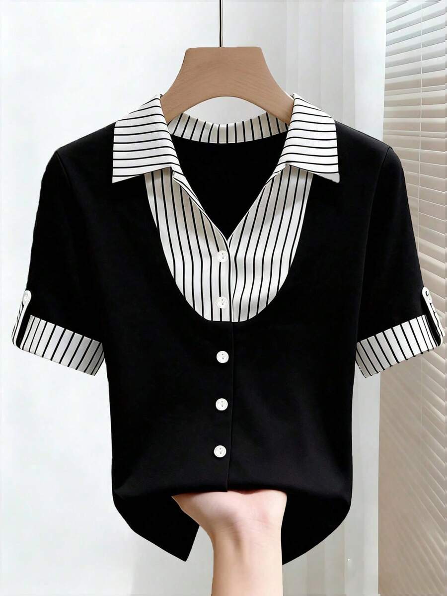 女士夏季休闲/办公通勤条纹印花卷袖二合一T恤 - 黑色 - 查看 1