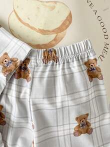 2pcs/Set Piyama Anak Laki-Laki Motif Beruang Lucu Kotak-kotak Atasan Lengan Pendek dan Celana Pendek - MultiWarna - View 6