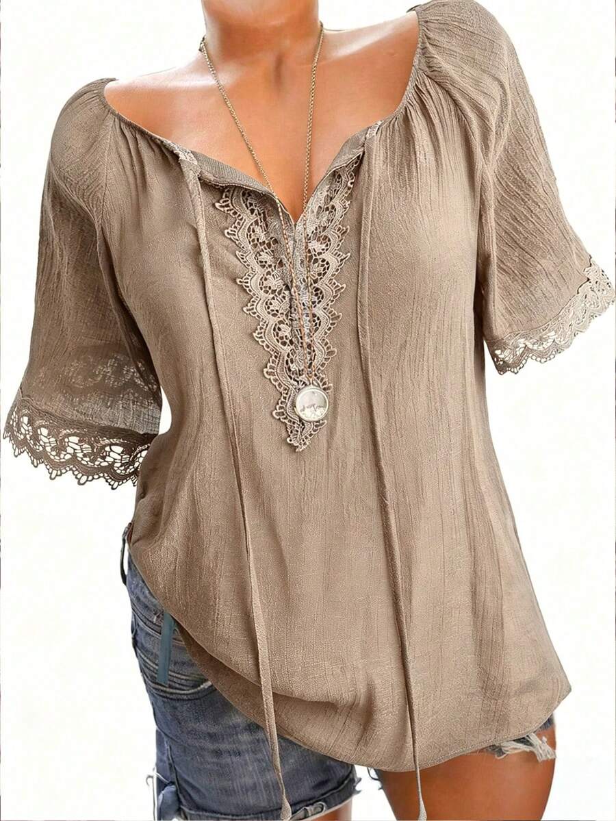EMERY ROSE Plus Size Women Drawstring Ruched Casual Boho Bohemian Versatile Daily Wear Shirt Vacation Khaki Summer - Khaki - View 1
