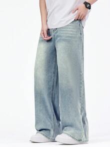 SHEIN Genkimix Kids 休閒寬鬆直筒水洗灰色牛仔褲，四季百搭，適合青少年與年輕男性，秋季穿搭 - 中等水洗藍 - 查看 6
