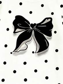6pcs/Set Girls' Cute Black And White Polka Dot,Heart,Leopard Print Butterfly Bow T-Shirt And Leggings Outfit Sets,Summer School Back-To-School Wear - Multicolor - View 4