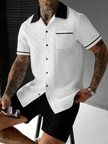 Manfinity Homme Men's Color Block Single-Breasted Short Sleeve Shirt And Shorts Casual Daily Suit - Multicolor - View 4