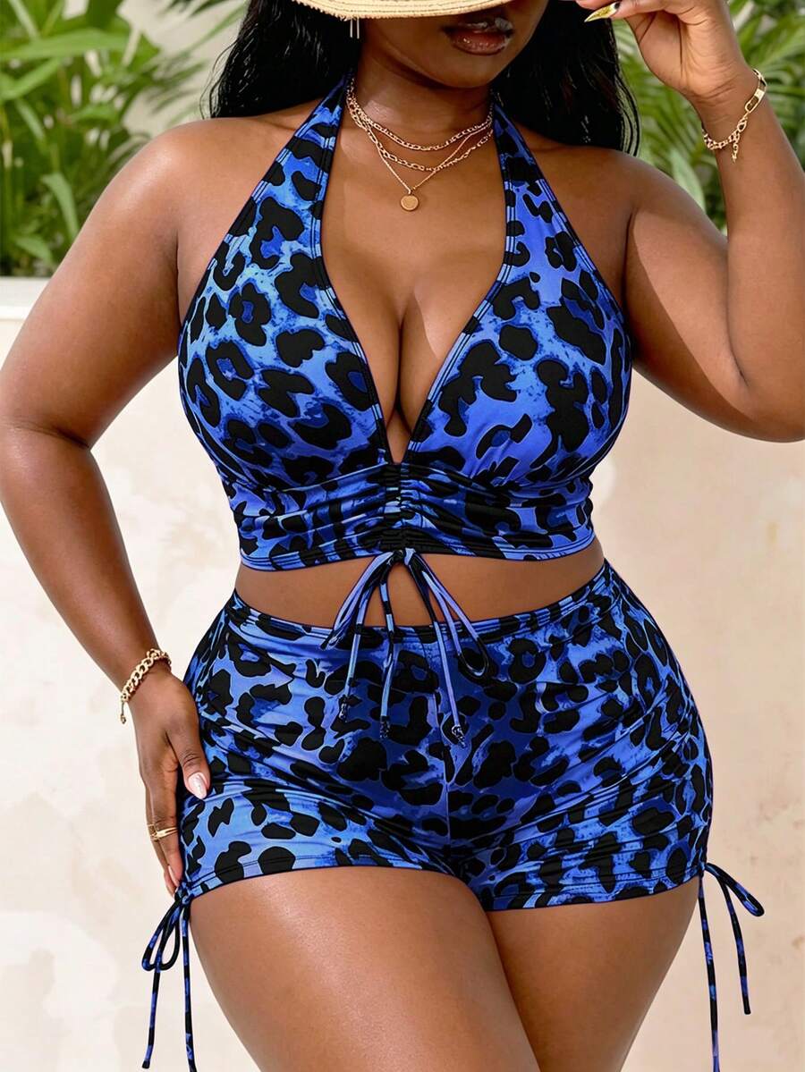 Slaydiva Plus Size Women Leopard Print Random Pattern Deep V Neck Drawstring Ruched Halter Top Paired With High Waist Drawstring Shorts, Summer Beach Sexy - Multicolor - View 1