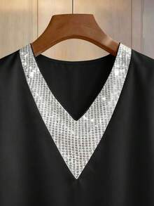 SHEIN 新款春夏时尚优雅V领拼接亮片装饰中袖休闲修身女式衬衫 - 黑色 - 查看 7