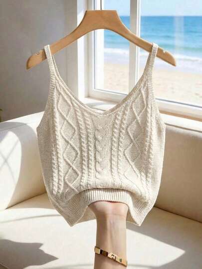 SHEIN Top de punto ajustada con cuello en V, sin mangas, de estilo vintage con diseño de diamantes y punto de cable en color albaricoque, adecuada para uso diario en primavera/verano, blusas casuales, atuendos de vacaciones