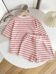 SHEIN 2pcs/Set Tween Girls Pink Striped Drop Shoulder Top And Tie-Waist Shorts, Casual Outfit - Pink - View 2