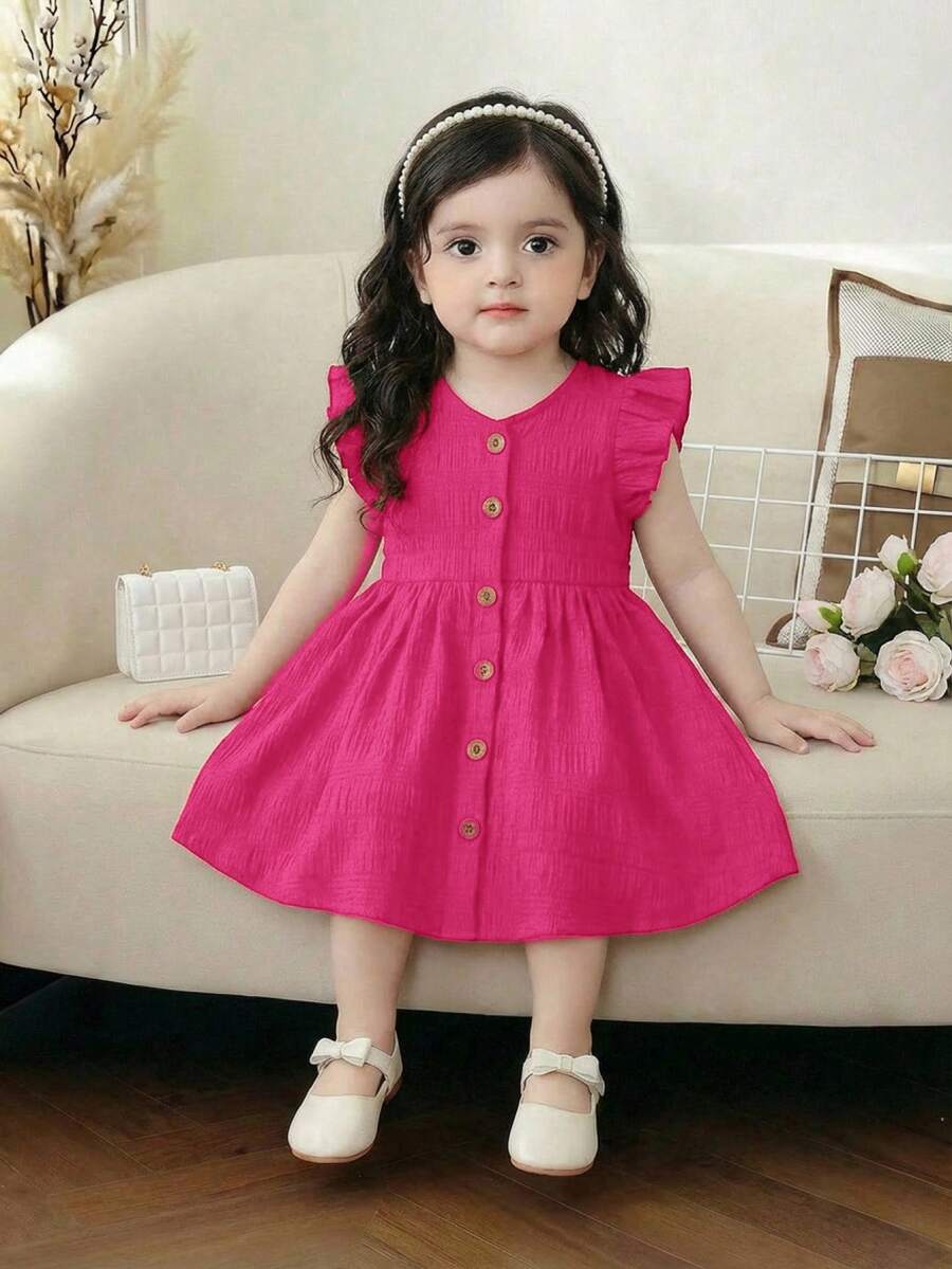 SHEIN Baby Girl Woven Textured A-Line Cute Vacation Solid Color Flutter Sleeve Dress - Hot Pink - View 1