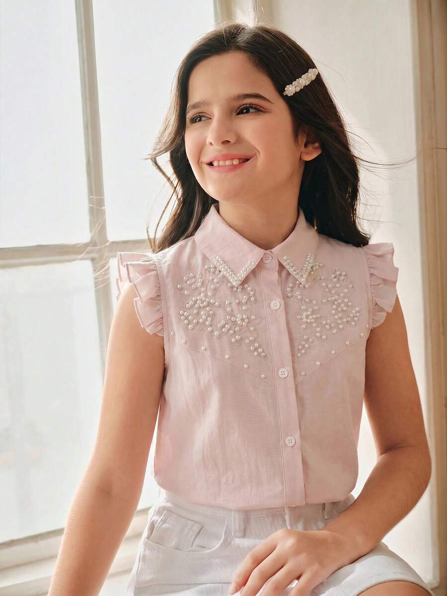 Anewsta Tween Girl Sweet Style Faux Pearl Beaded Ruffle Trim Blouse - Baby Pink - View 1
