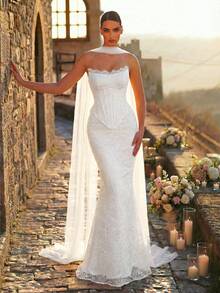 Glamrae Vestido de Cauda de Sereia 2 em 1 com Decote Barco de Renda Branca Elegante e Luxuoso com Pérolas e Mangas Removíveis, Vestido de Gala Formal Feminino - Branco - Visão 1