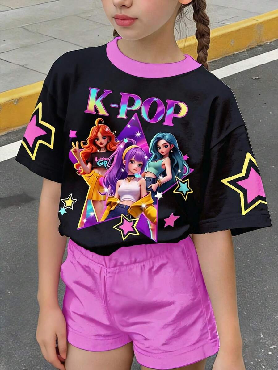 黑粉撞色,时尚个性卡通女孩图案印花,K-Pop巨星风格,少女休闲简约短袖圆领T恤,适合四季日常穿着,春夏百搭,舒适透气,时尚百搭,休闲百搭,儿童卡通女孩图案T恤,别致新颖,返校季、返校节、少女风 - 彩色 - 查看 1