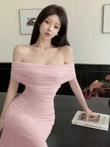 NOVVYNE 女士露肩褶皱腰身优雅婚礼/场合礼服 - 淺粉色 - 查看 5