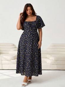 Solflare Plus Size Women's Floral Print Tie-Front Dress, Vacation Style - Navy Blue - View 7