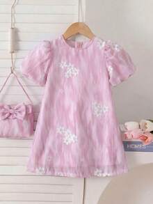 SHEIN Genkimix Girls Puff Sleeve, Invisible Zipper Decor Casual Floral Embroidered Round Neck A-Line Dress - Pink - View 4