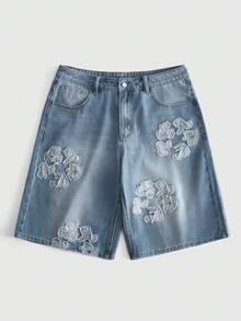 ROMWE MEN Washed Distressed Embroidered Patch Casual Loose Straight Leg Denim Shorts, Men - Blue - View 1
