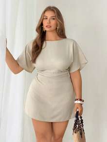 Auralis Plus Size Casual Solid Color Waist Cinched Dress, Summer Elegant For Women Party Vacation Outfits Holiday Work Office Wear Attire Going Out Graduation - Apricot - View 1