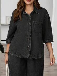 EMERY ROSE Mature Denim Plus Size Drop Shoulder Short Sleeve Front Button Loose Denim Top, Summer Fashion - Black - View 7