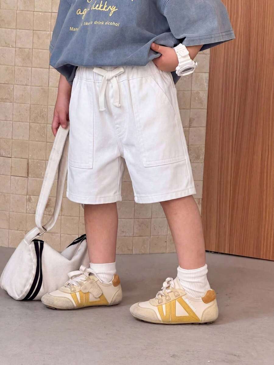 SHEIN Baby Boys Urban Street Cool Stonewashed Vintage Cat Whiskers Loose Fit Baggy Bermuda Blue Denim Long Shorts, Versatile And Casual For Baby Clothes Boys Spring/Summer Outfits, Streetwear Outfits For Baby Boys, Country Outfits Baby, Beach Vacation Outfits - White - View 1