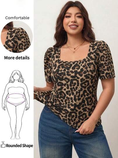 Enliva Camiseta de manga corta con cuello cuadrado de leopardo de alta elasticidad y ajuste para mujer de talla grande, estilo primavera/verano, adecuada para figuras curvilíneas, compatible con siluetas en forma de manzana, nueva colección 2026