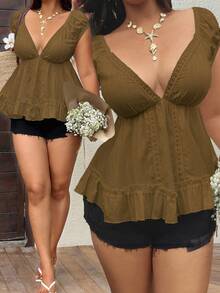 Sunnyshic Plus Size Women Casual Vacation Deep V-Neck Ruffle Hem Blouse - Coffee Brown - View 1