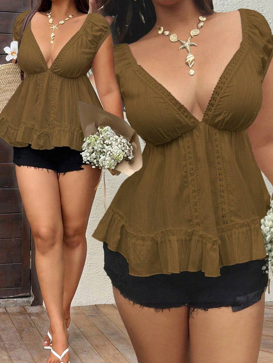 Sunnyshic Plus Size Women Casual Vacation Deep V-Neck Ruffle Hem Blouse - Coffee Brown - View 1