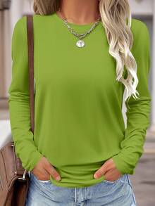 SHEIN LUNE Solid Color Casual Comfortable Versatile Long Sleeve T-Shirt For Women - Olive Green - View 1
