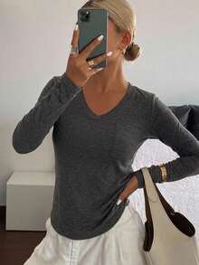 DAZY Women's Solid Color Simple Daily Long Sleeve T-Shirt Summer - Dark Grey - View 6