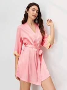 LUVLETTE Áo ngủ nữ màu hồng gợi cảm, chất liệu satin mềm mại, sang trọng, viền ren, thắt nơ phía trước, thoáng mát, thích hợp mặc ở nhà. - Bụi hồng - Xem 9