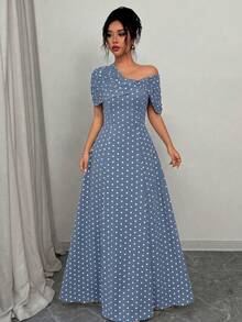 SHEIN Elenzya 不对称肩部褶皱腰身A字型优雅浪漫连衣裙 - 彩色 - 查看 4