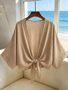 SHEIN Franclia Áo kimono dáng ngắn thắt nơ phía trước kiểu Pháp - Áo khoác ngoài tay cánh dơi rộng rãi cho kỳ nghỉ hè. - Màu be - Xem 3