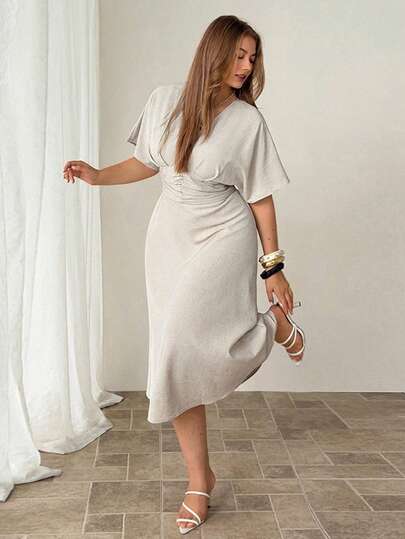 Auralis New Shirred Dropped Shoulder Short Sleeve Plus Size Waist Gathered Flared Hem Apricot Dual-Tone Maxi Dress/Elegant Commute Office Wear Mermaid Style High-End Party Dress/Waist Pleated Slimming Elastic Back Design Maxi Dress/Bohemian Holiday