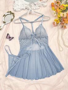 SHEIN 2pcs/Set Sexy Lace & Mesh Backless A-Line Dress, Wine Red - Baby Blue - View 7