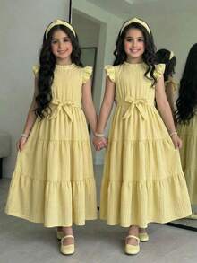 Tween Girls' Casual Vacation Elegant Fashion Solid Color Round Neck Ruffle Hem Fitted Dress, Spring/Summer - Yellow - View 2