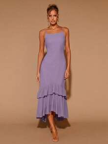 COSMINA Women's Elegant Ruffle Hem Long Sleeve Round Neck Dress, Suitable For Valentine's Day, Dates, Gatherings - Purple - View 7