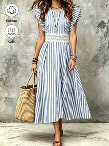SHEIN Holidaya Women's Cotton & Linen Blue And White Stripe Midi Dress,Elegant Summer Holiday Tea Party Sleeveless A-Line Patchwork Waist Hollow Lace Decor Dress - Blue - View 1