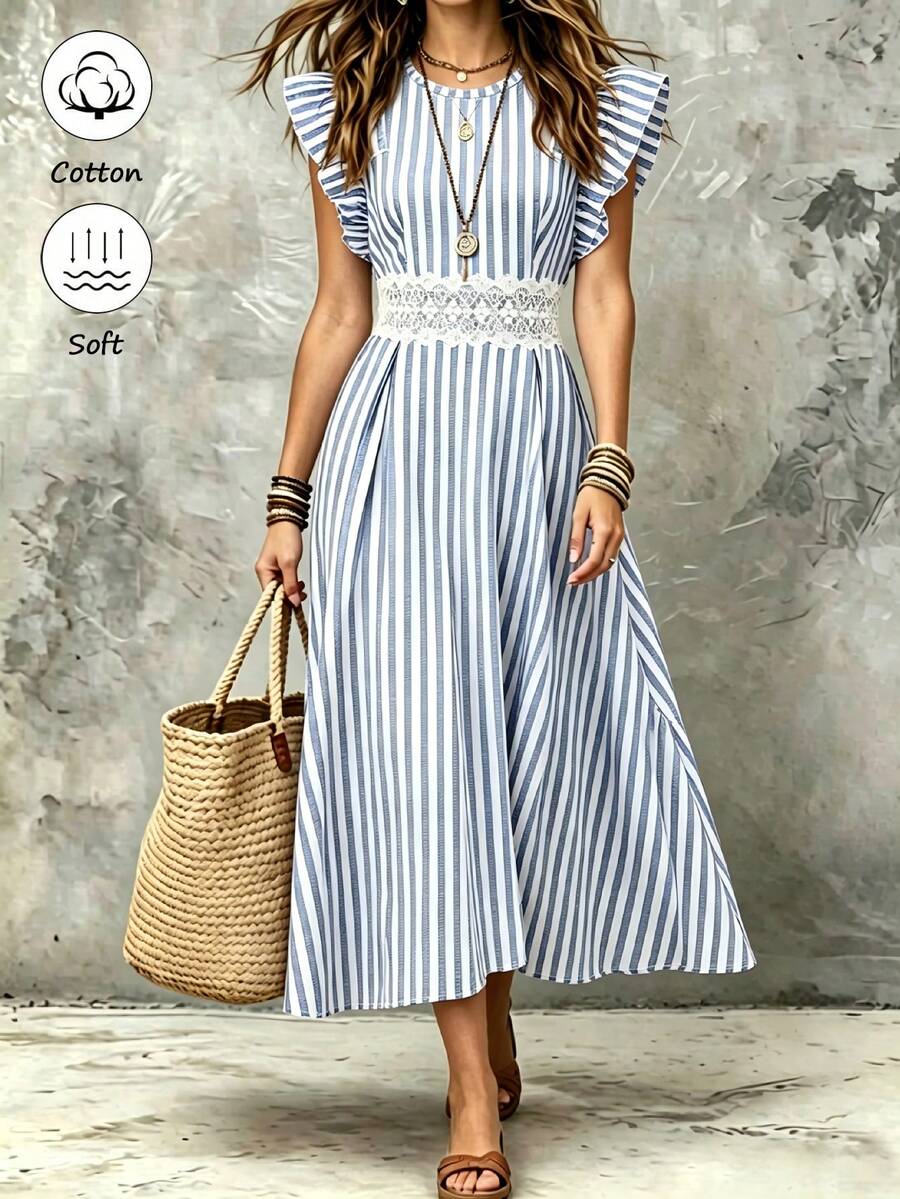 SHEIN Holidaya Women's Cotton & Linen Blue And White Stripe Midi Dress,Elegant Summer Holiday Tea Party Sleeveless A-Line Patchwork Waist Hollow Lace Decor Dress - Blue - View 1