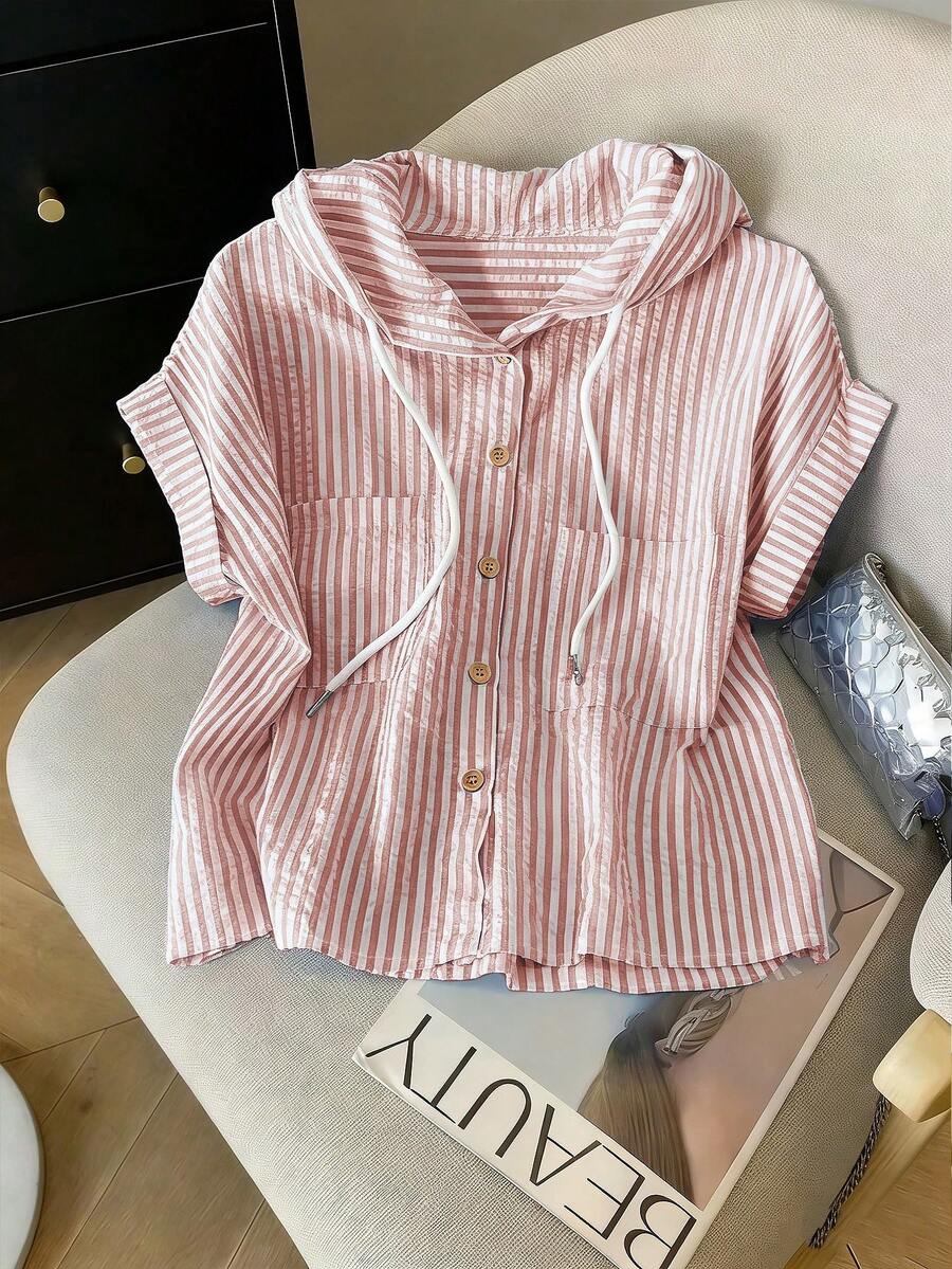 GlowEve Women's Summer Casual Versatile Textured Striped Chiffon Hooded Blouse With Pockets, Short Sleeve - Brown - View 1