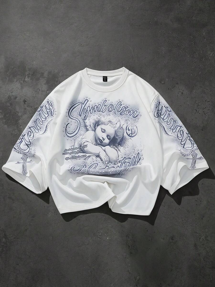 ROMWE MEN Men's Letter & Figure Print Short Sleeve T-Shirt - White - View 1