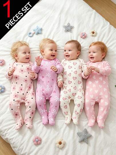 SHEIN Vintaside Kids 【买四送一】碎花爱心蝴蝶结印花婴儿连体衣，柔软面料，适合春夏穿着，婴儿长袖连体睡衣，甜美可爱简约粉色爱心连体睡衣