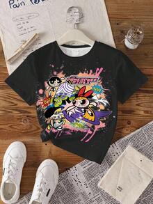THE POWERPUFF GIRLS X SHEIN Áo thun in hình hoạt hình thường ngày cho bé gái tuổi teen, thích hợp cho mùa hè. - trắng - Xem 3