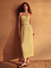 MOTF PREMIUM WOMEN'S LINEN ROPE EMBROIDERED BEADED VACATION SKIRT - Yellow - View 5