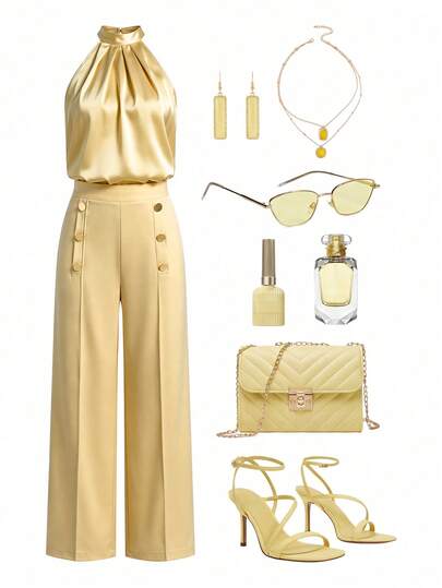 Ellevyn Women's Elegant Elegant Daily Commute Minimalist Solid Color Pleated Twist Halter Top And Seam Front Wide Leg Pants 2-Piece Set
