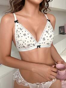 PetitDoll 1pc Cute Bow & Heart Print Lace Patchwork Wireless Bra - Black and White - View 1