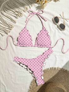 Swim Mod Women's Solid Color High Elasticity Frill Trim Bikini Set, Vacation - Pink - View 1